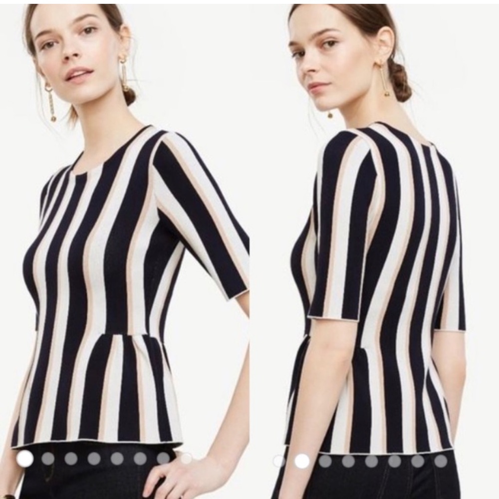 Ann Taylor Striped peplum Navy ivory tan Women's knit Top blouse Sz XS